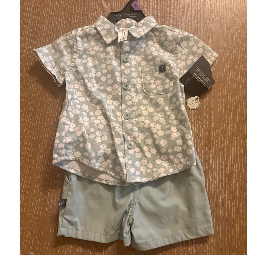 Modern Moments Gerber Baby 12M Outfit Set Floral Shirt Shorts Green Boys 2Pc New